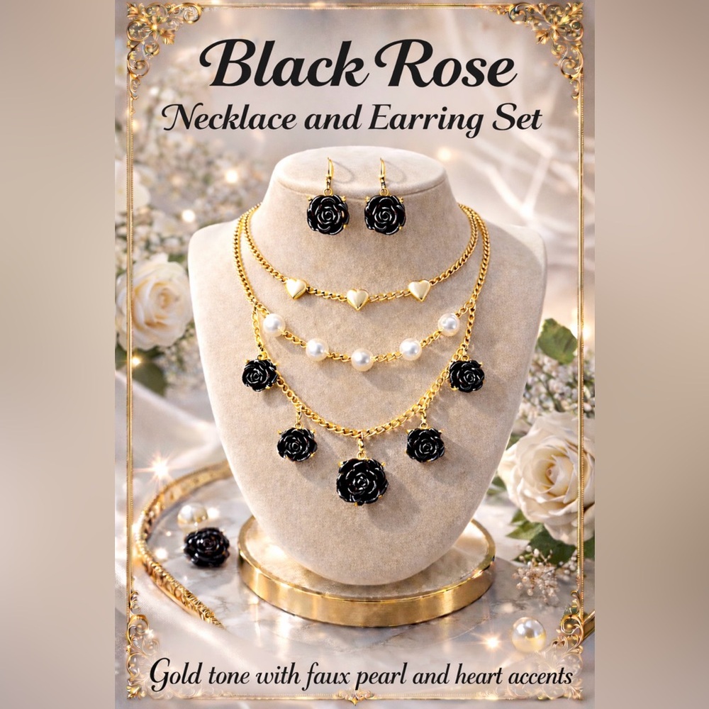 Black Rose Necklace and Earring Set (17.5”)